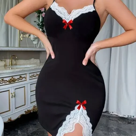 Contrast Lace Bow Slip Nightdress, V Neck Side Split Spaghetti Straps Size 14 - Picture 1 of 3